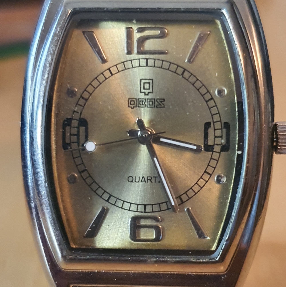 QBOS Limited Edition Silver/Goldtone Leather Men's Tank Watch